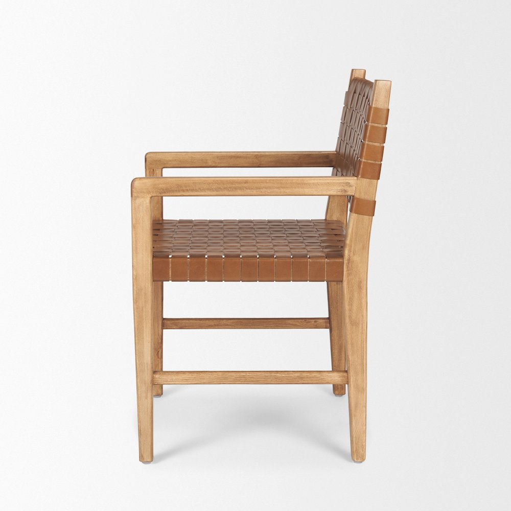Brown Wood Woven Brown Leather Dining Armchair. Picture 4