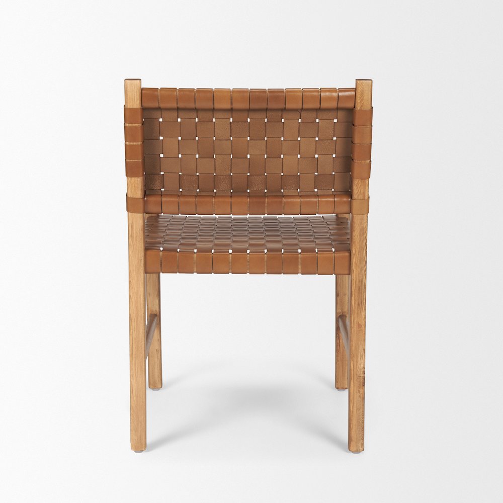 Brown Wood Woven Brown Leather Dining Armchair. Picture 5