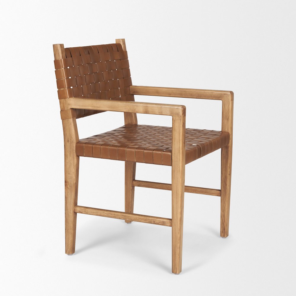 Brown Wood Woven Brown Leather Dining Armchair. Picture 7