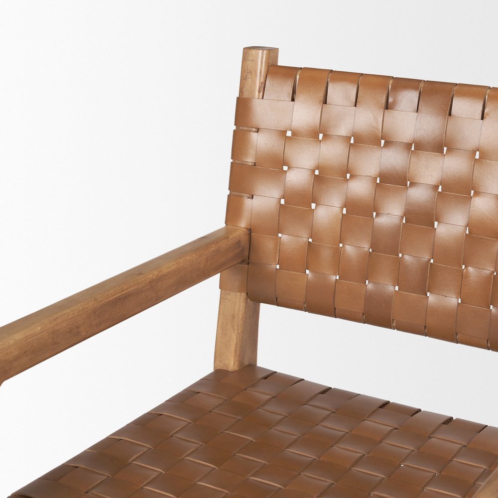 Brown Wood Woven Brown Leather Dining Armchair. Picture 9