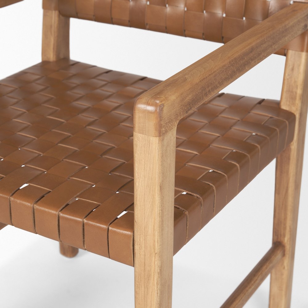 Brown Wood Woven Brown Leather Dining Armchair. Picture 10