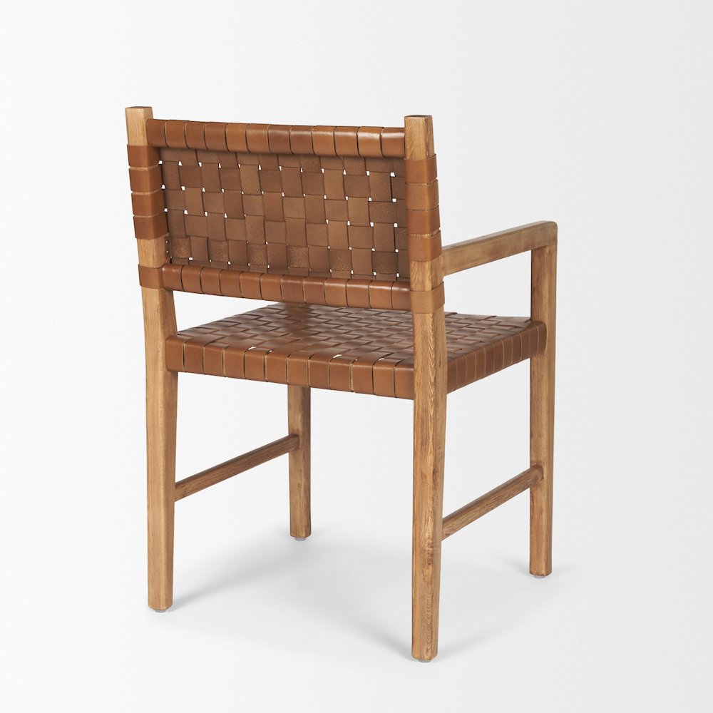 Brown Wood Woven Brown Leather Dining Armchair. Picture 6