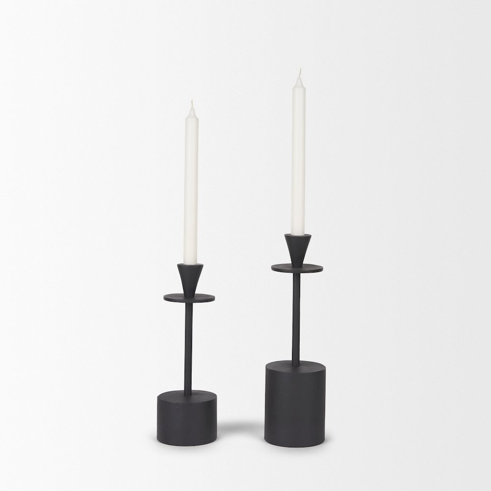 Petria Matte Black Textured Metal Taper Candle Holders. Picture 1
