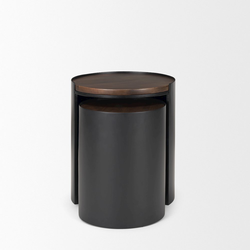 Matte Black Metal Dark Brown Wood Top Nesting Accent Tables. Picture 2