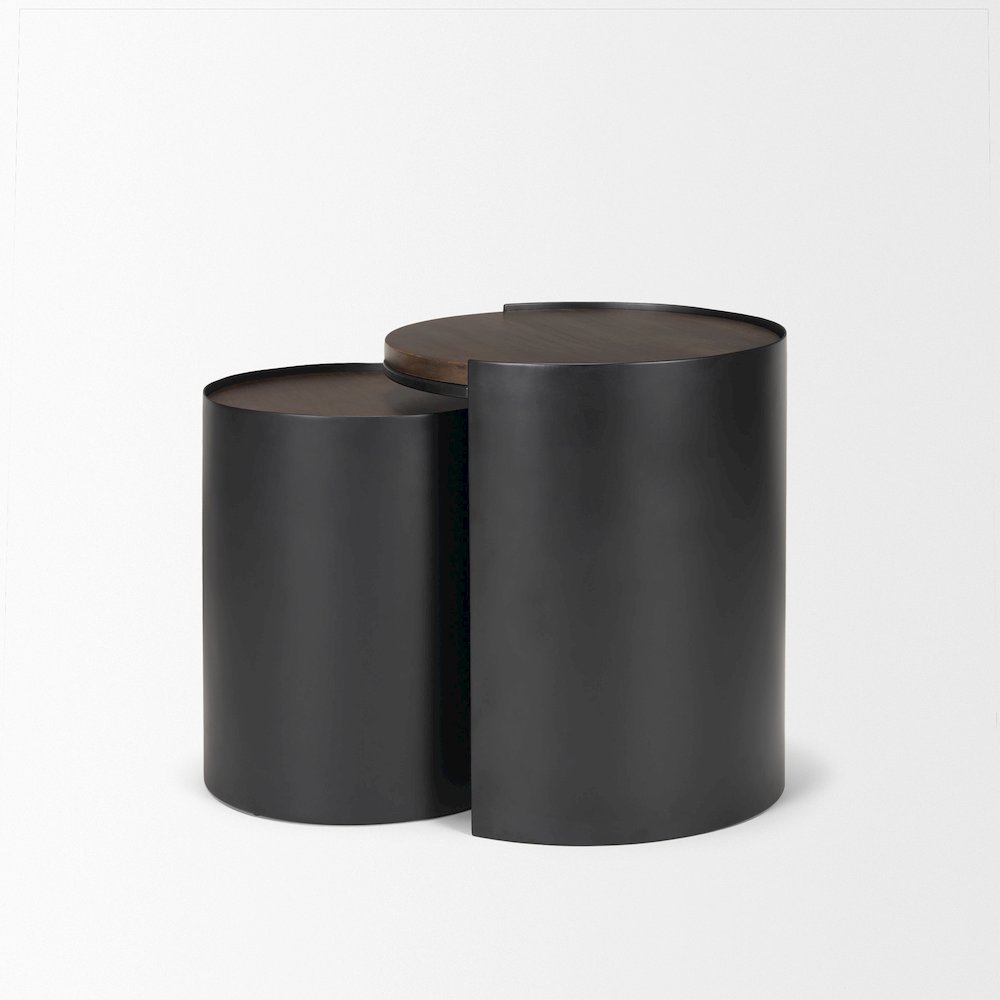 Matte Black Metal Dark Brown Wood Top Nesting Accent Tables. Picture 3