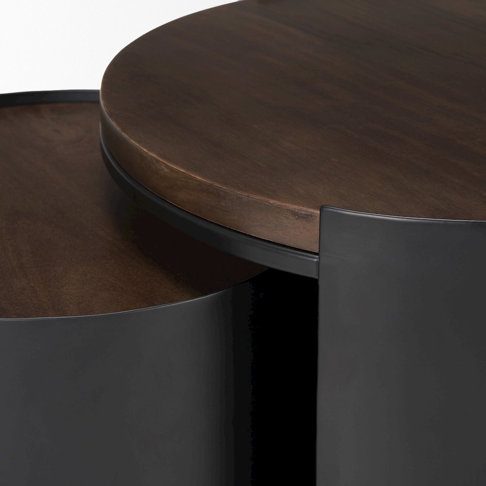 Matte Black Metal Dark Brown Wood Top Nesting Accent Tables. Picture 5