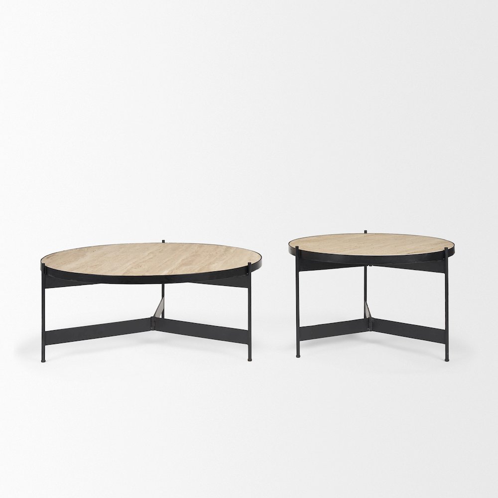 Travertine Marble Matte Black Metal Coffee Tables. Picture 1
