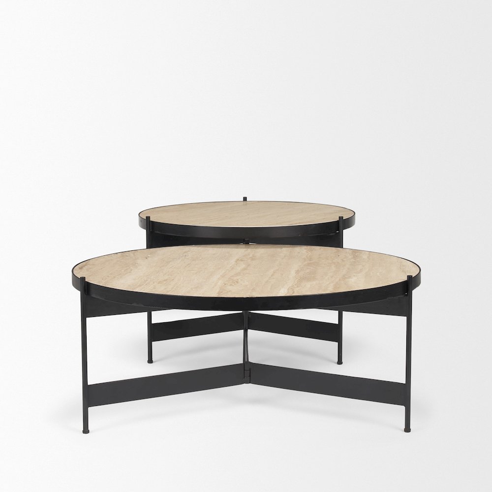 Travertine Marble Matte Black Metal Coffee Tables. Picture 2