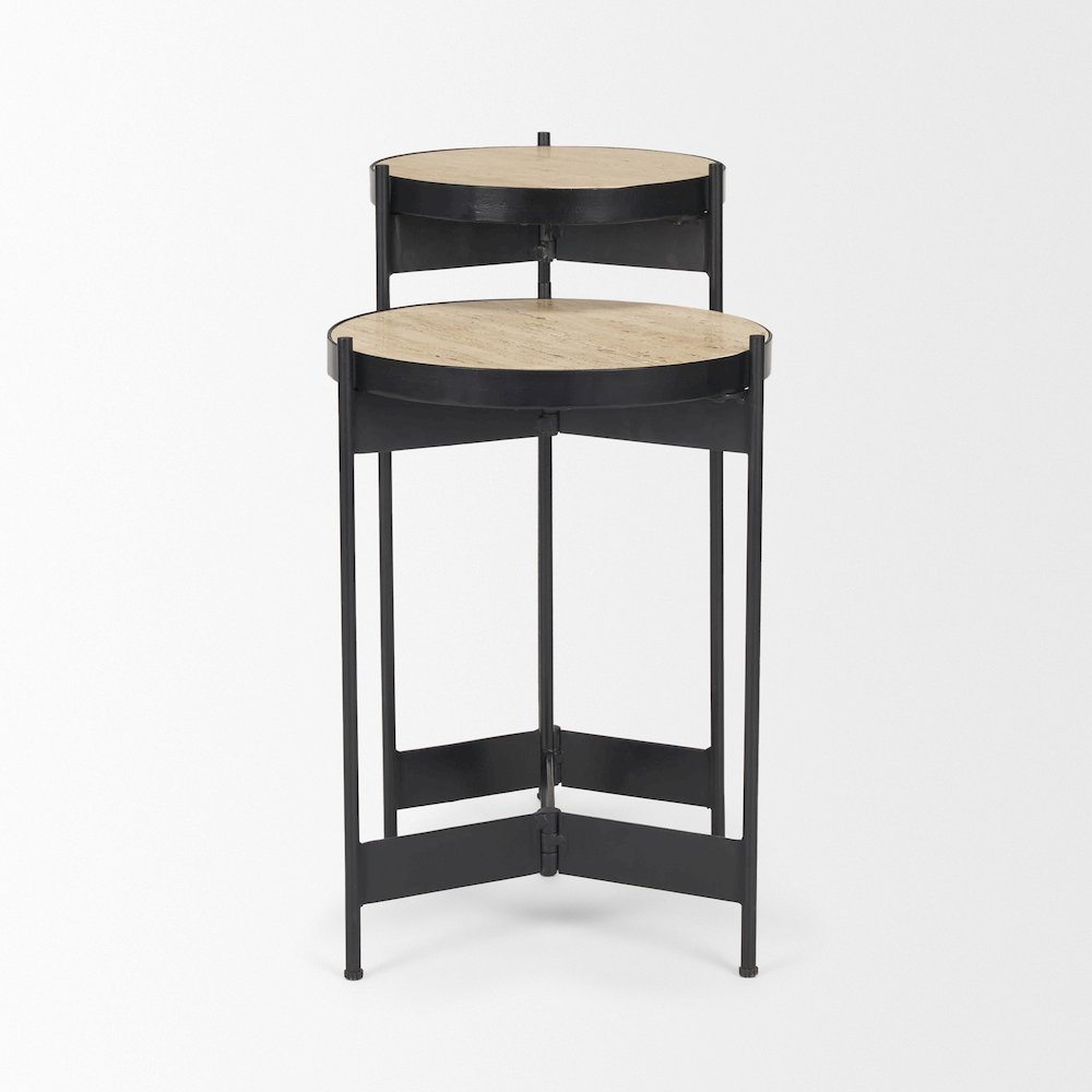 Wade Travertine Marble Matte Black Metal End Tables. Picture 2