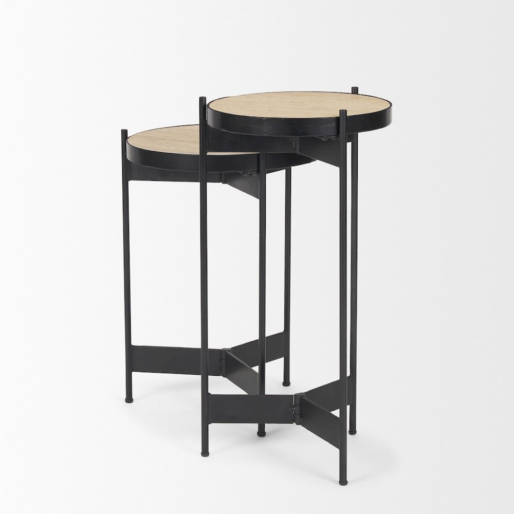 Wade Travertine Marble Matte Black Metal End Tables. Picture 3