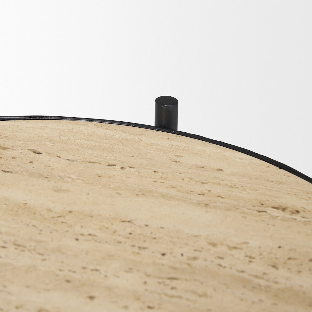 Wade Travertine Marble Matte Black Metal End Tables. Picture 4