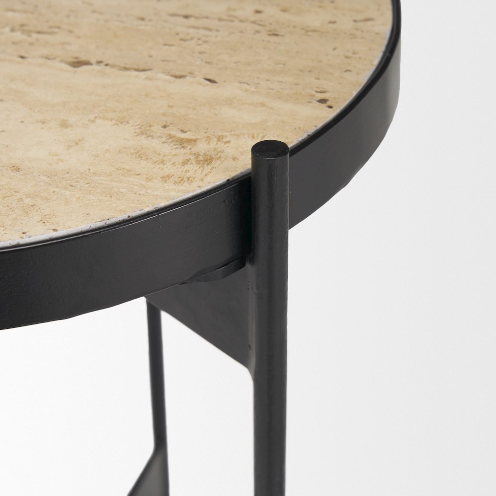Wade Travertine Marble Matte Black Metal End Tables. Picture 5