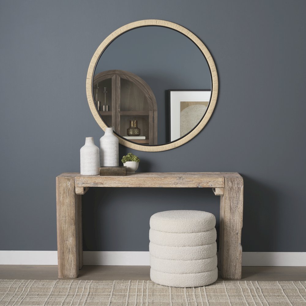 Vasie Black Wood Jute Round Mirror. Picture 3