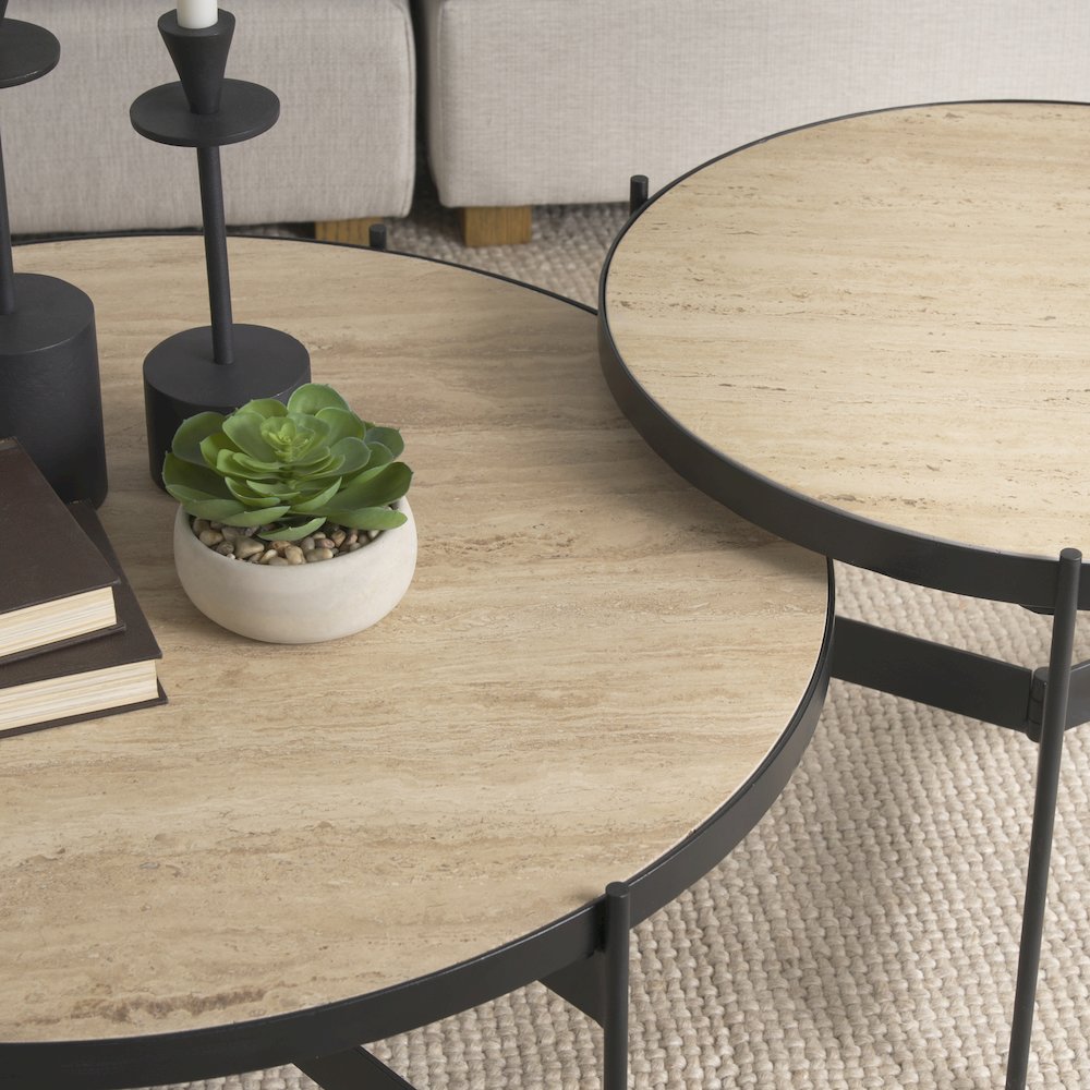 Travertine Marble Matte Black Metal Coffee Tables. Picture 9
