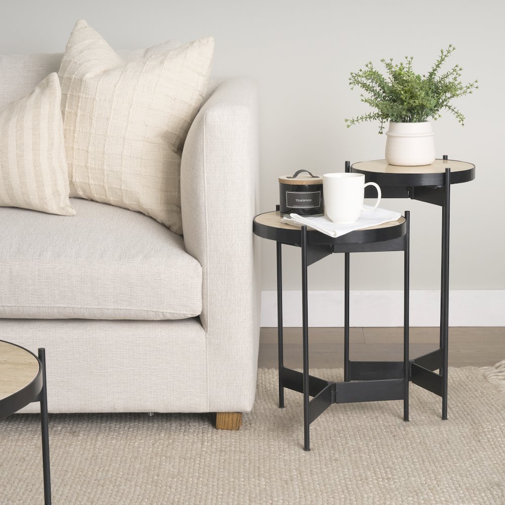 Wade Travertine Marble Matte Black Metal End Tables. Picture 9
