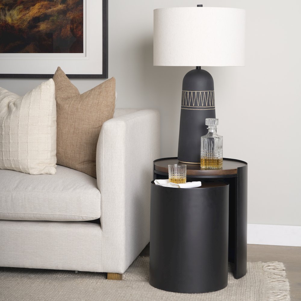 Matte Black Metal Dark Brown Wood Top Nesting Accent Tables. Picture 7