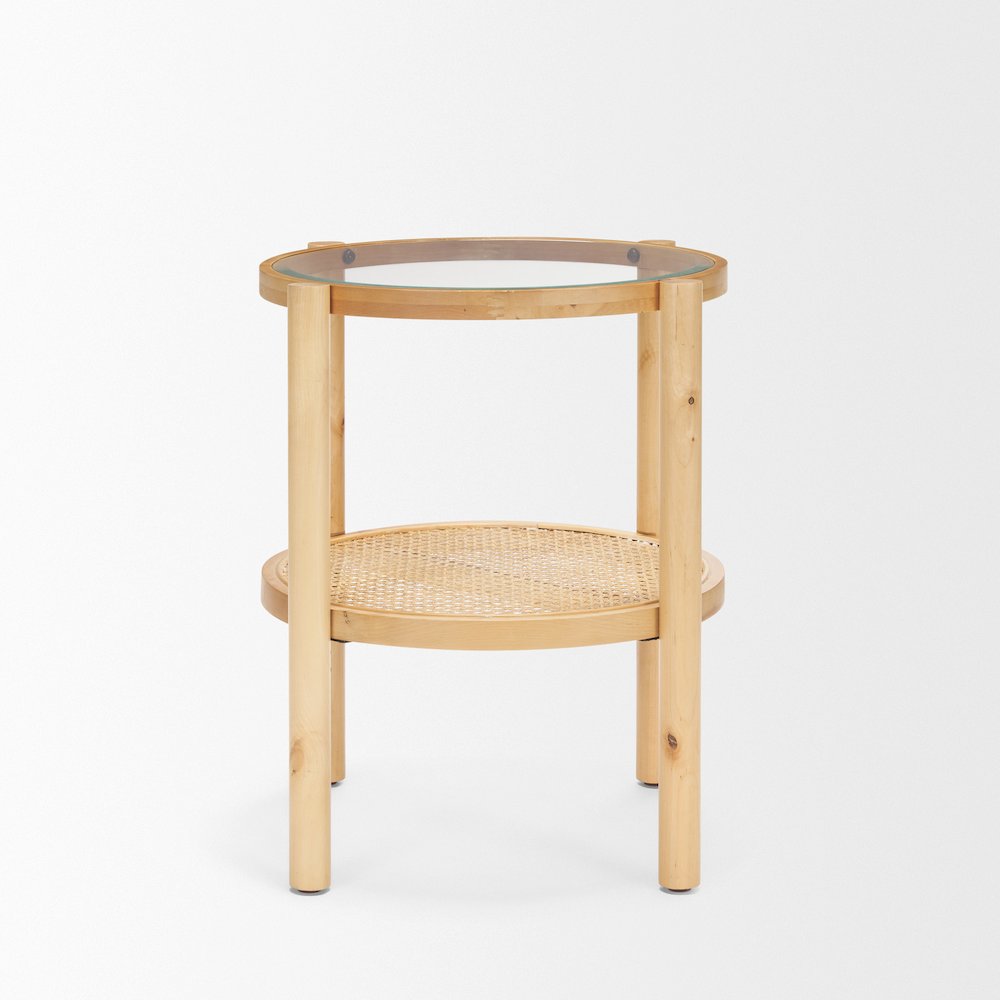 Weslyn Solid Light Brown Wood and Glass Top Cane Side Table. Picture 1