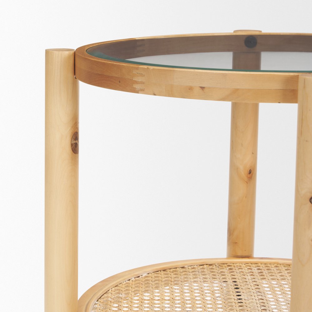 Weslyn Solid Light Brown Wood and Glass Top Cane Side Table. Picture 5