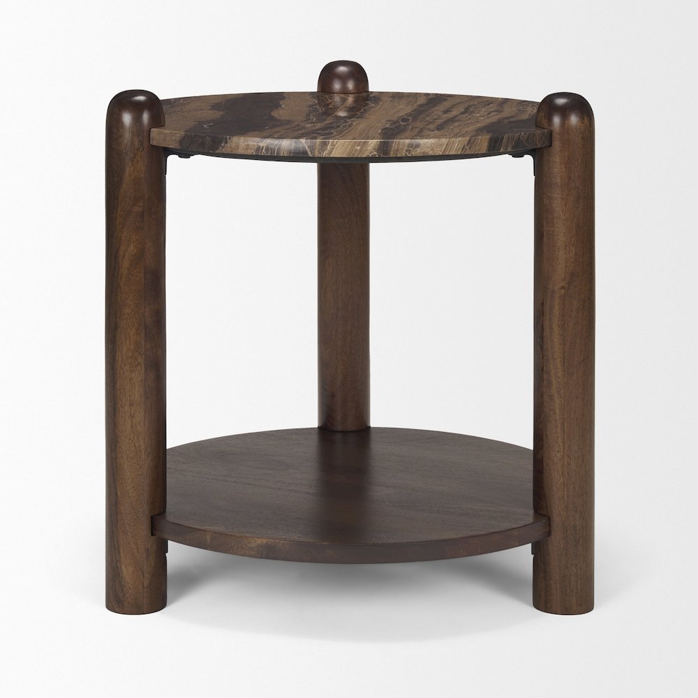 Jovia Brown Mango Wood Cappuccino Marble Round Side Table. Picture 1