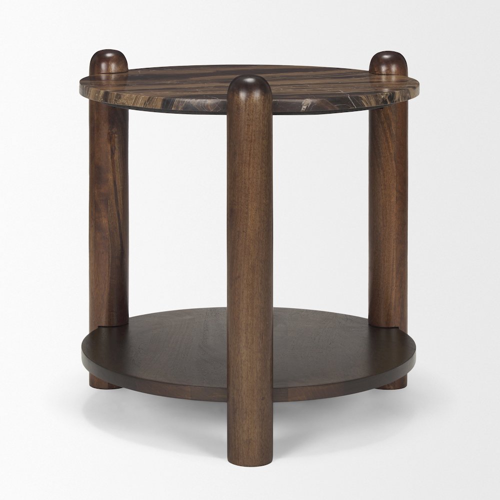 Jovia Brown Mango Wood Cappuccino Marble Round Side Table. Picture 2
