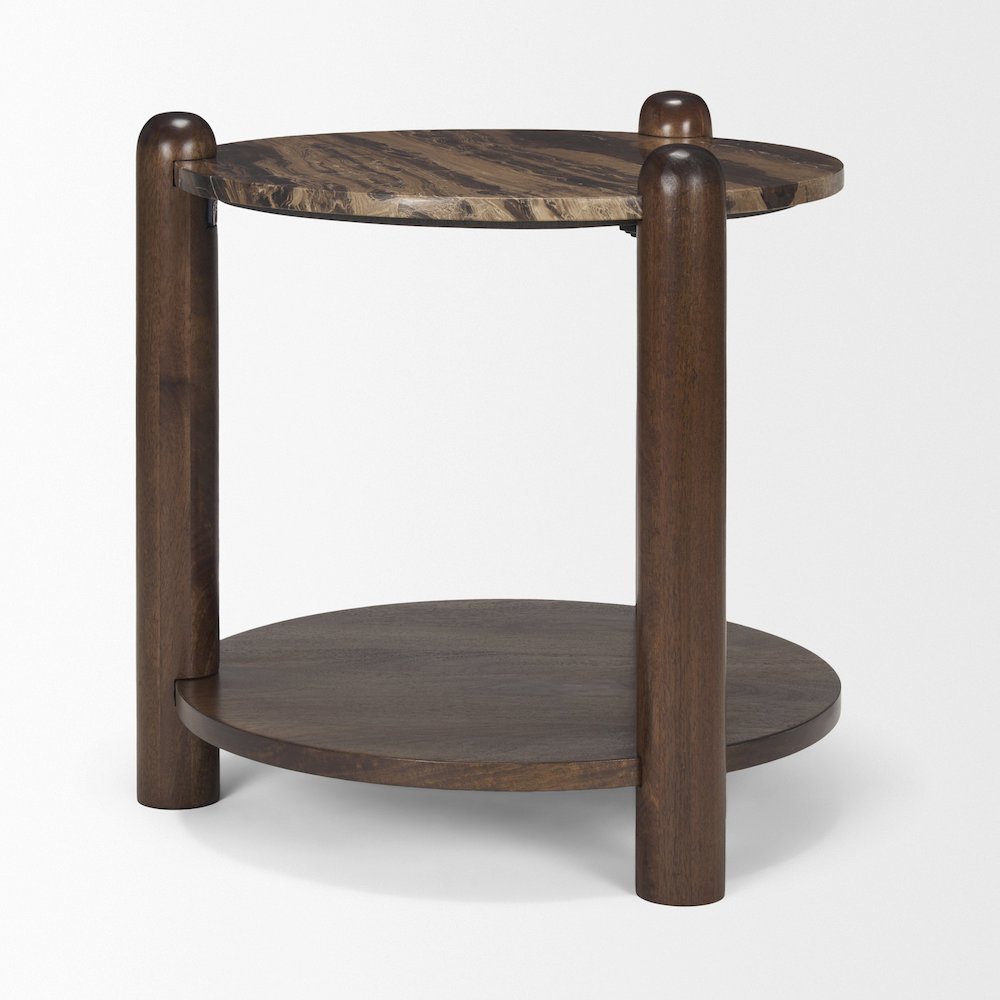 Jovia Brown Mango Wood Cappuccino Marble Round Side Table. Picture 3