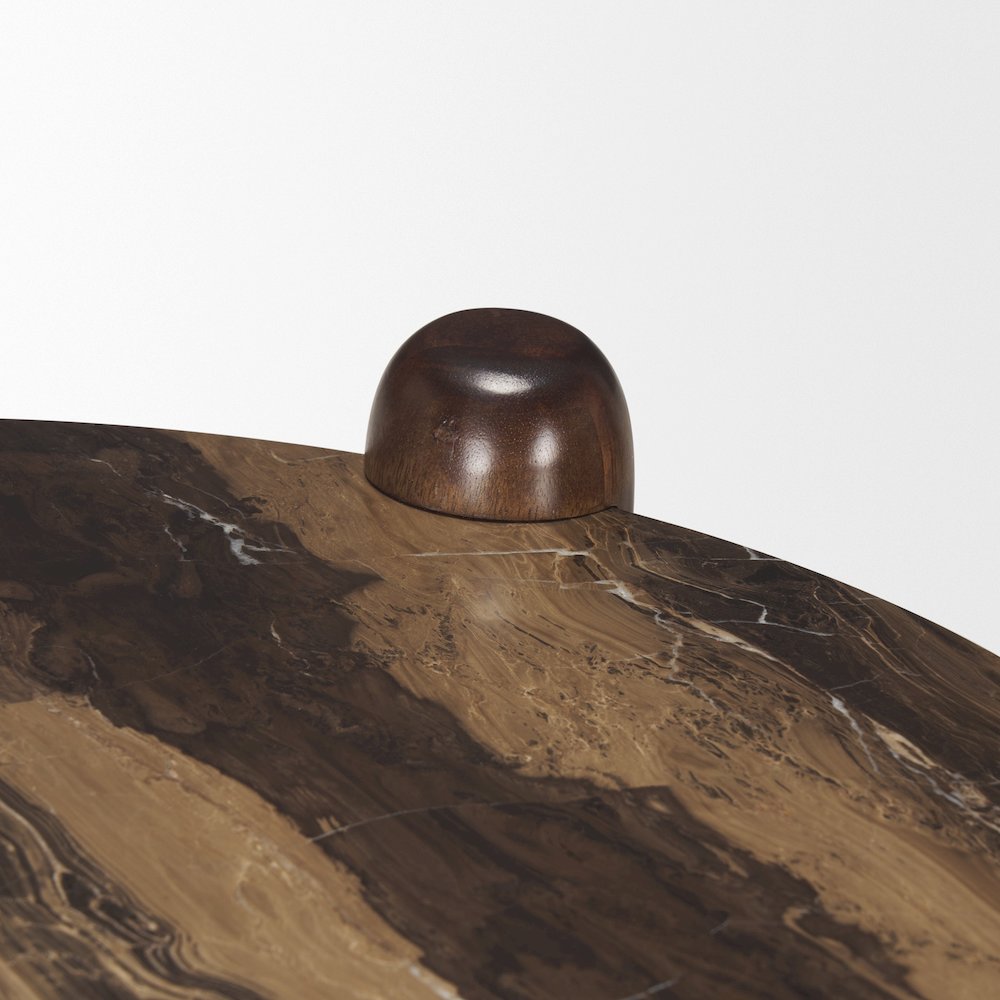 Jovia Brown Mango Wood Cappuccino Marble Round Side Table. Picture 4