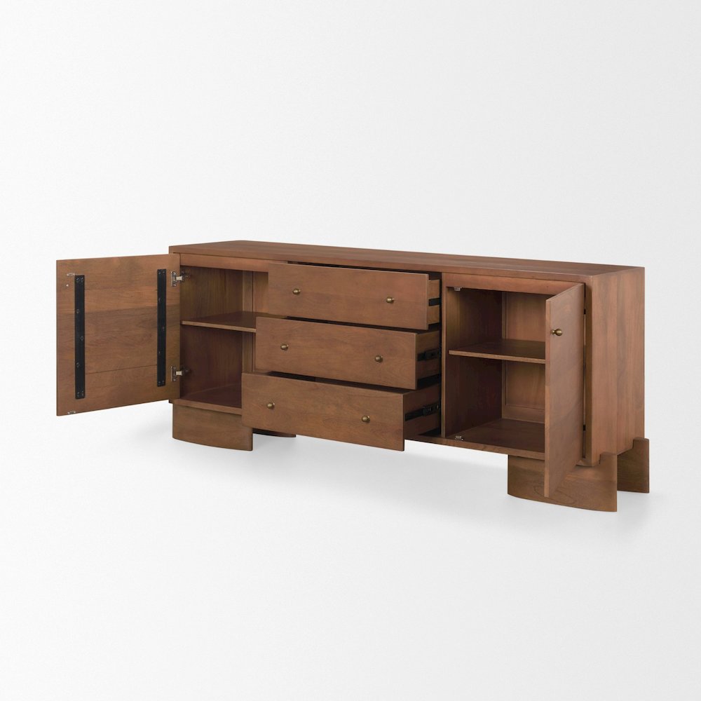 Jonan Medium Brown Wood Dark Aged Brass 2 Door 3 Drawer Sideboard. Picture 5
