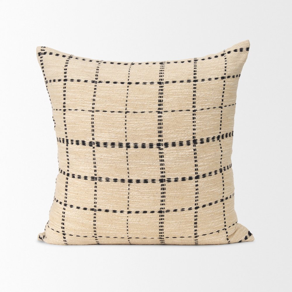 Beige And Black Striped Checkered Decorative Square Pillow Cover. Picture 1