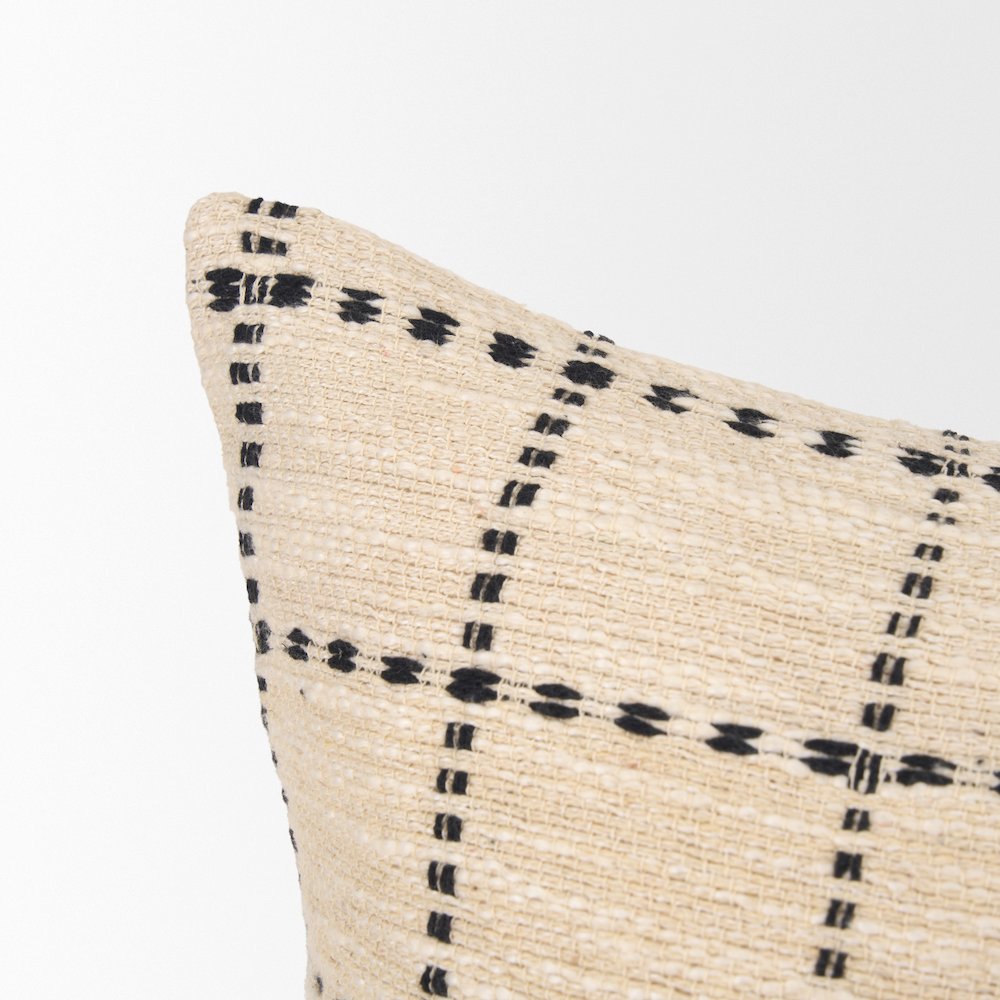 Beige And Black Striped Checkered Decorative Square Pillow Cover. Picture 4