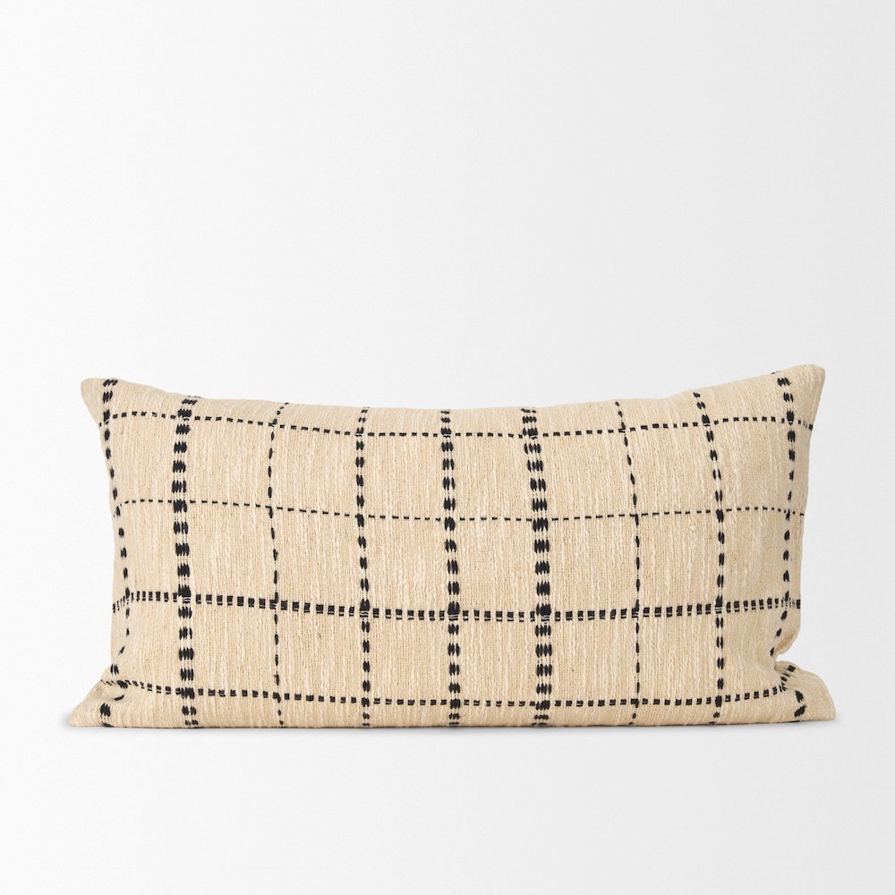 Beige And Black Striped Checkered Decorative Lumbar Pillow Cover. Picture 1