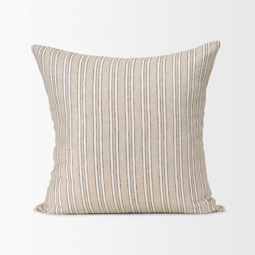 Beige And Black Striped Cotton-Linen Decorative Square Pillow Cover. Picture 1