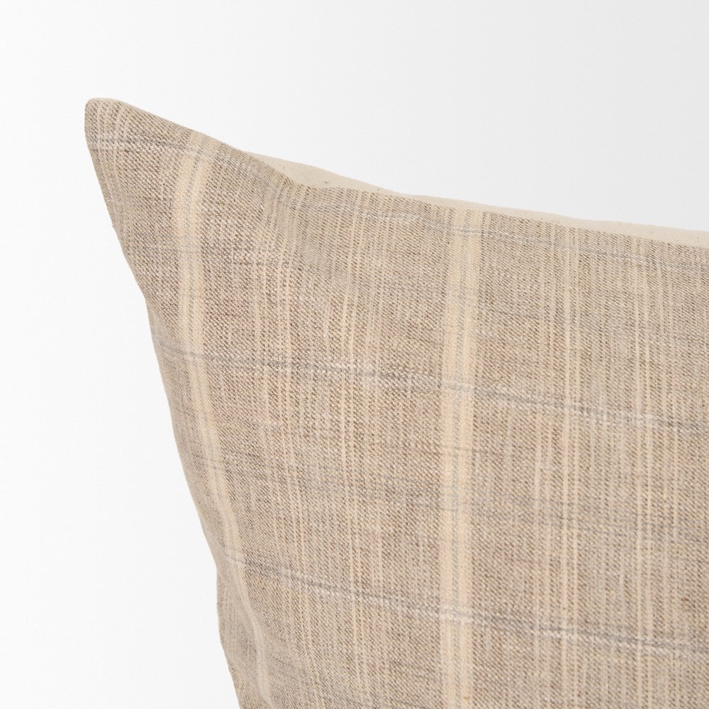 Beige And Gray Plaid Cotton-Linen Decorative Square Pillow Cover. Picture 4
