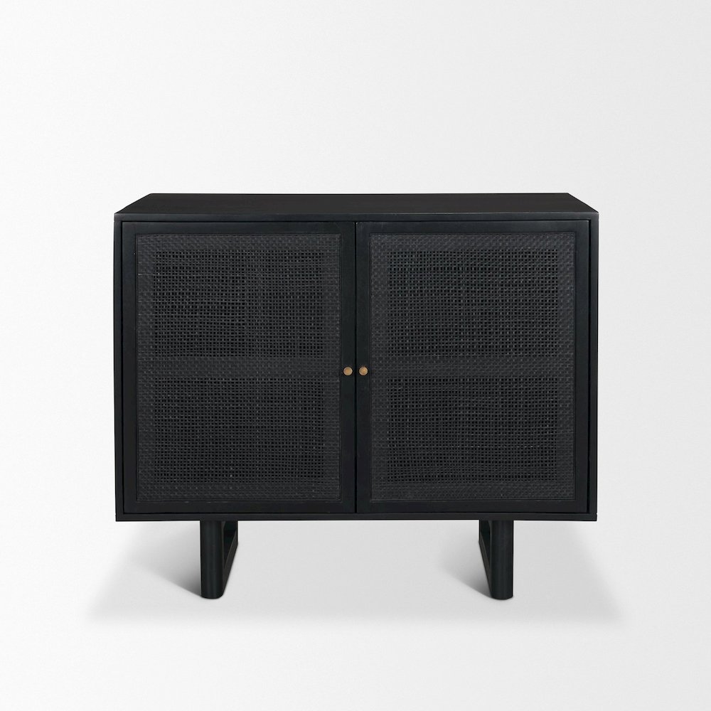 Grier Matte Black Stained WoodBlack Cane Accent Cabinet. Picture 1