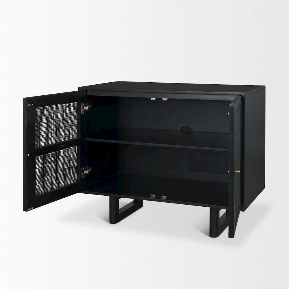 Grier Matte Black Stained WoodBlack Cane Accent Cabinet. Picture 5