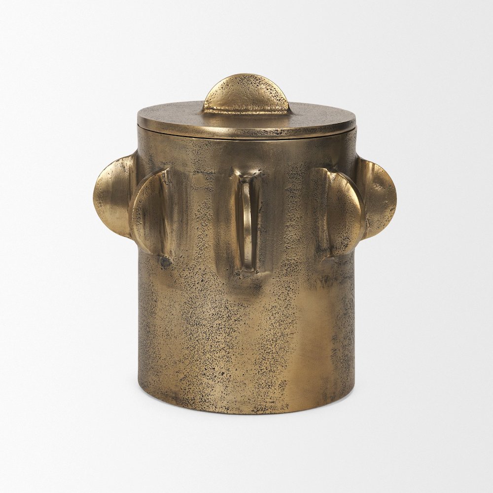 Deacon Large Antiqued Gold Metal Canister with Sculptural Handles. Picture 1