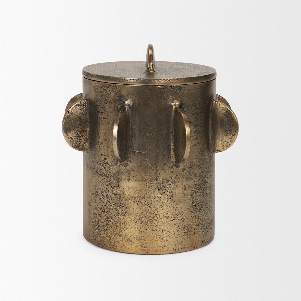 Deacon Large Antiqued Gold Metal Canister with Sculptural Handles. Picture 2