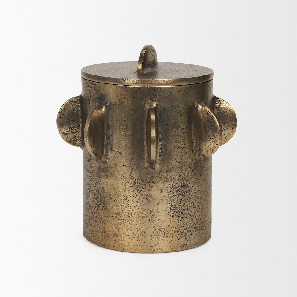 Deacon Large Antiqued Gold Metal Canister with Sculptural Handles. Picture 3