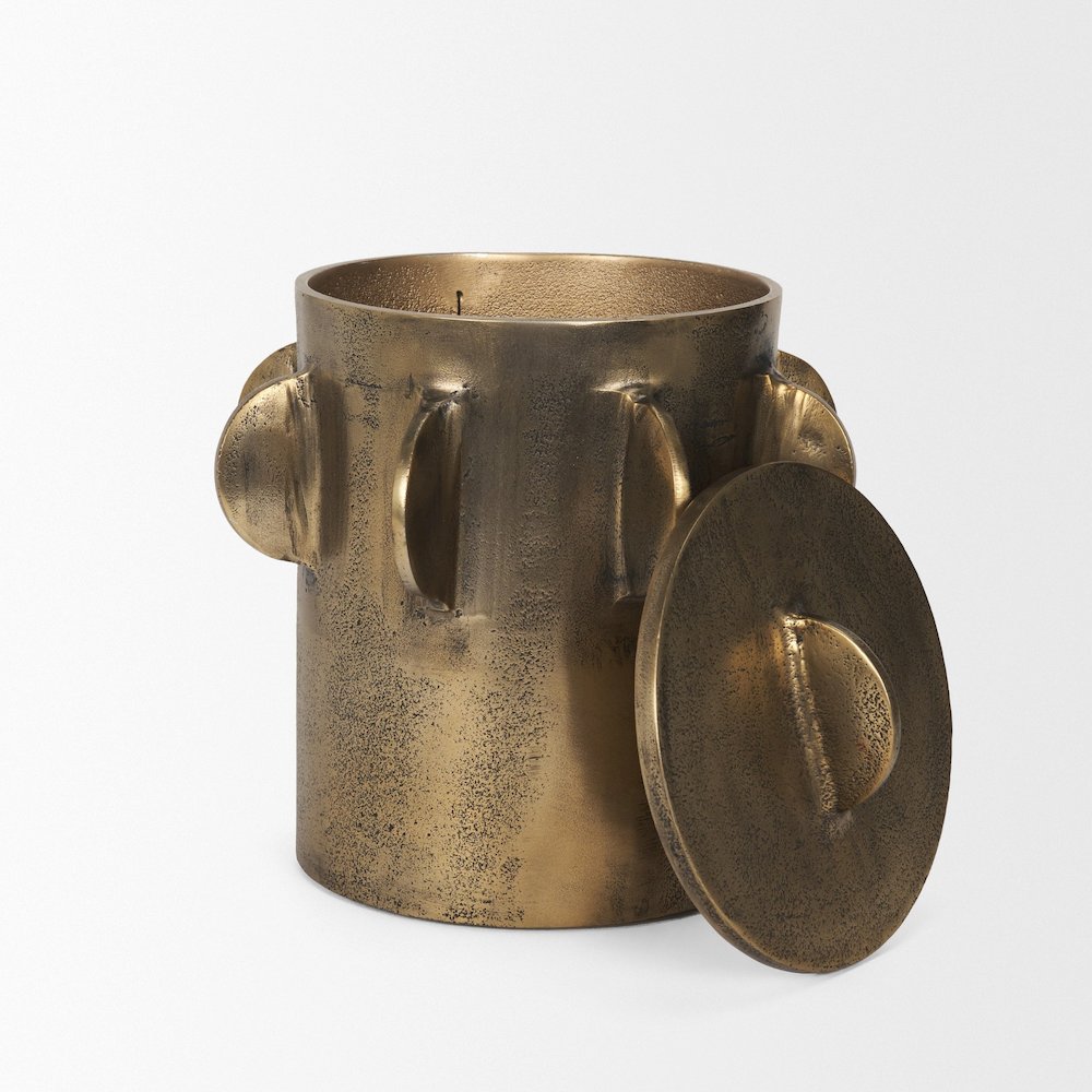 Deacon Large Antiqued Gold Metal Canister with Sculptural Handles. Picture 4