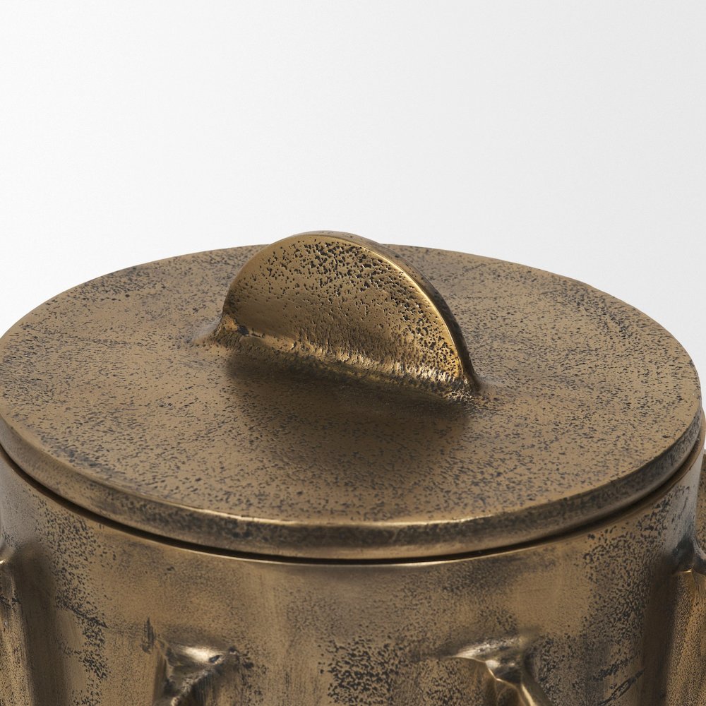 Deacon Large Antiqued Gold Metal Canister with Sculptural Handles. Picture 5