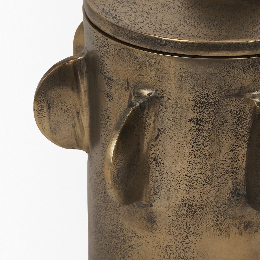 Deacon Large Antiqued Gold Metal Canister with Sculptural Handles. Picture 6