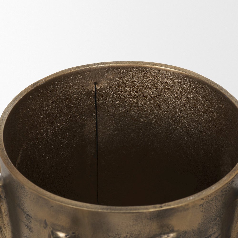 Deacon Large Antiqued Gold Metal Canister with Sculptural Handles. Picture 7