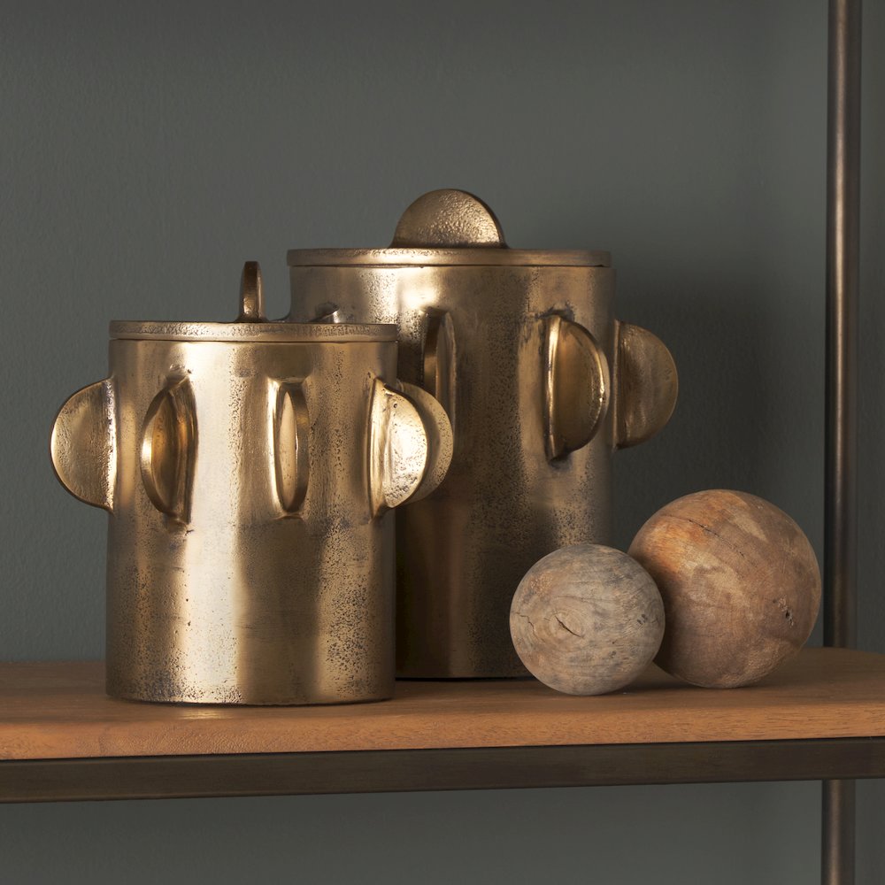 Deacon Large Antiqued Gold Metal Canister with Sculptural Handles. Picture 9