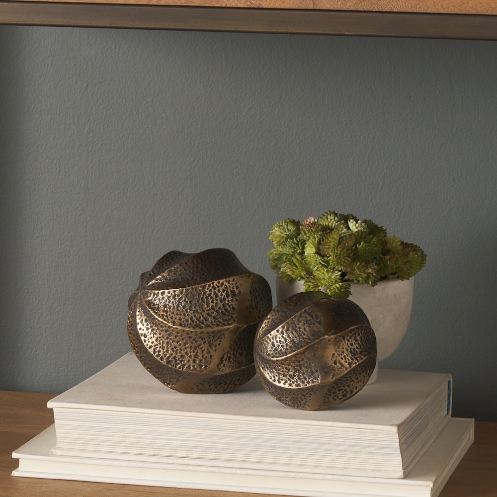 Imani Large Sculptural Textured Antiqued Gold Metal Decorative Orb Object. Picture 7