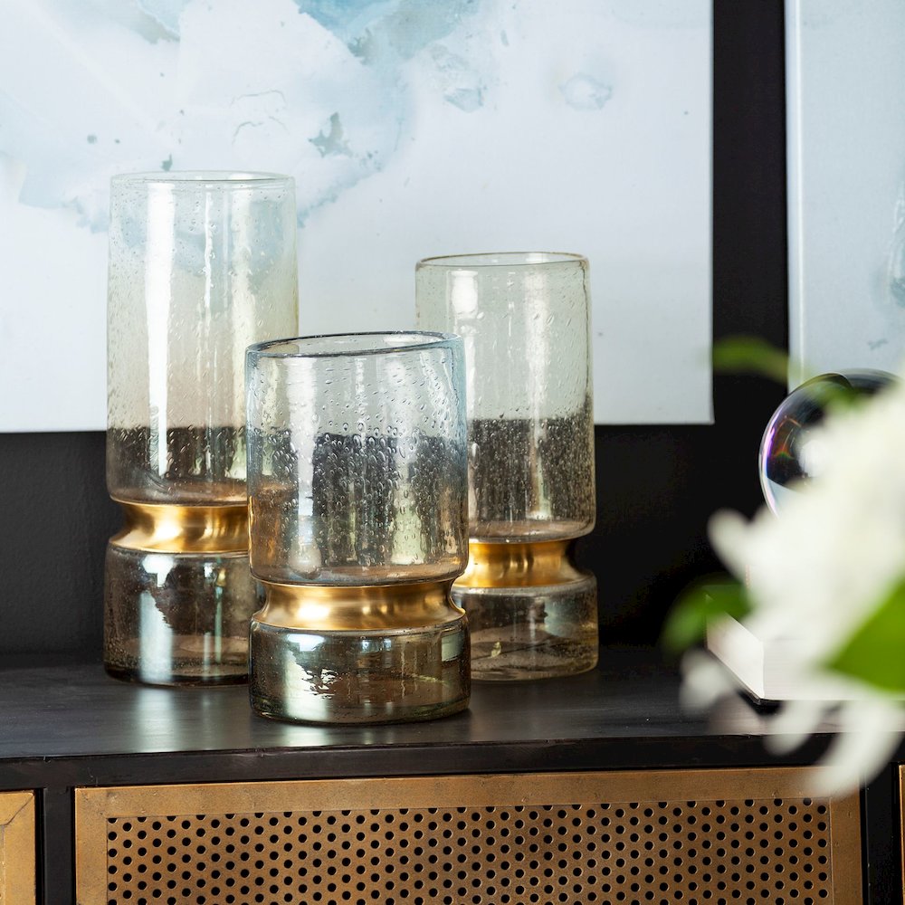 Adriatic I Small Brushed Gold Metal Glass Vase. Picture 8