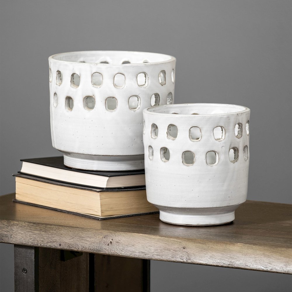 Larissa Set of Two White Ceramic Hollow Pattern Vases. Picture 5