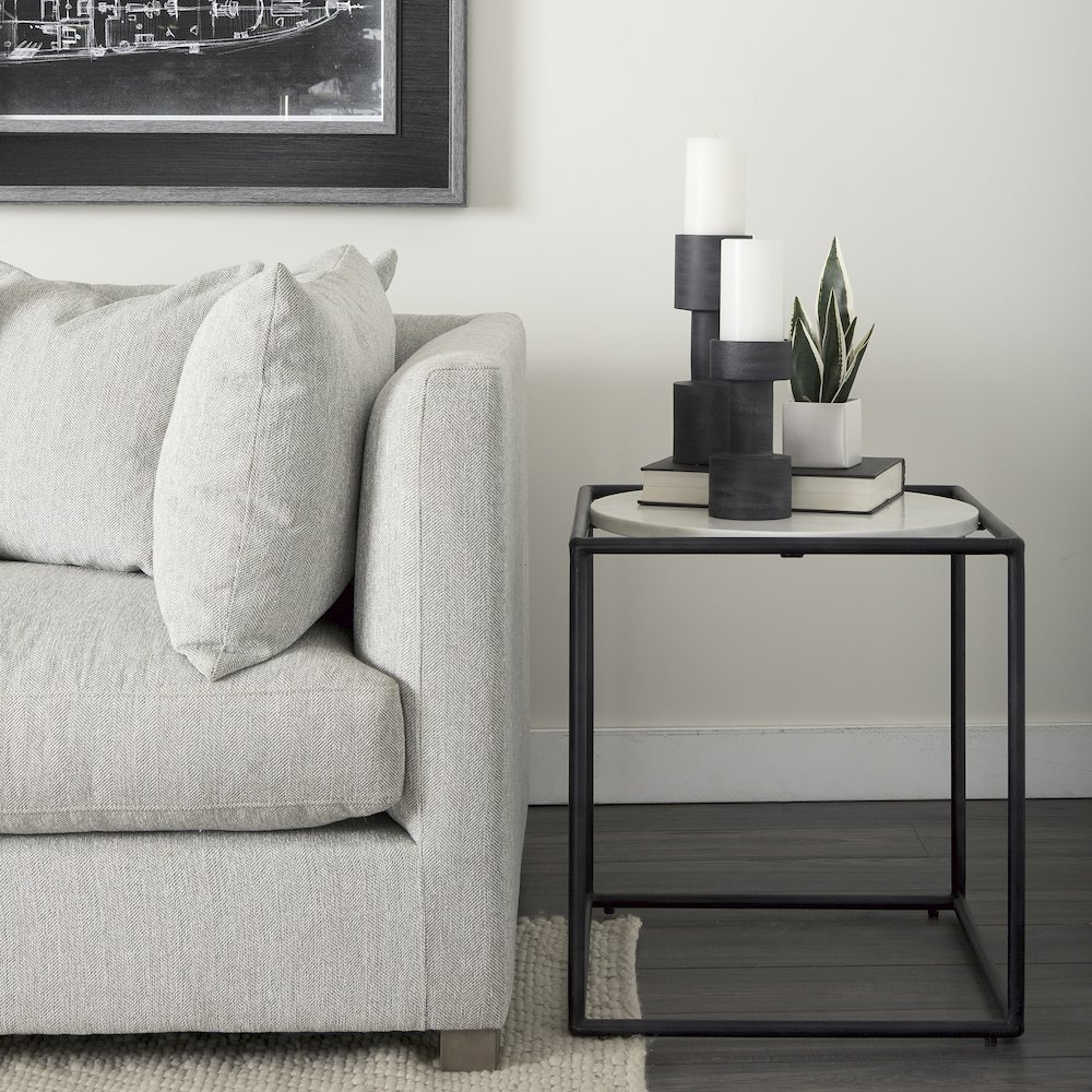 Austen 20L x 20W x 22H Round White Marble Top W/ Black Metal Frame Side Table. Picture 10