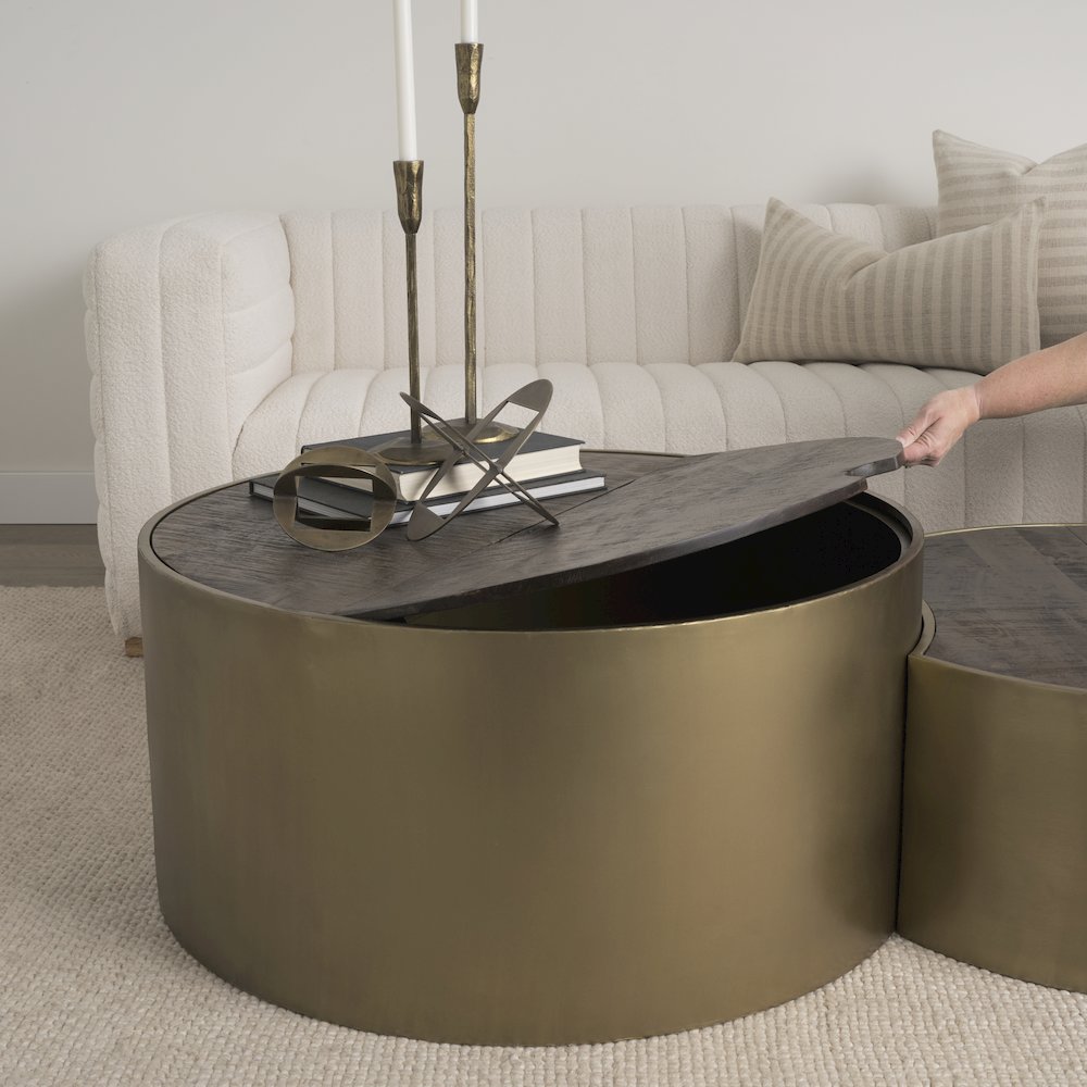 Eclipse Gold Metal Drum Base w/ Dark Brown Wood Top Nested Coffee Table. Picture 11