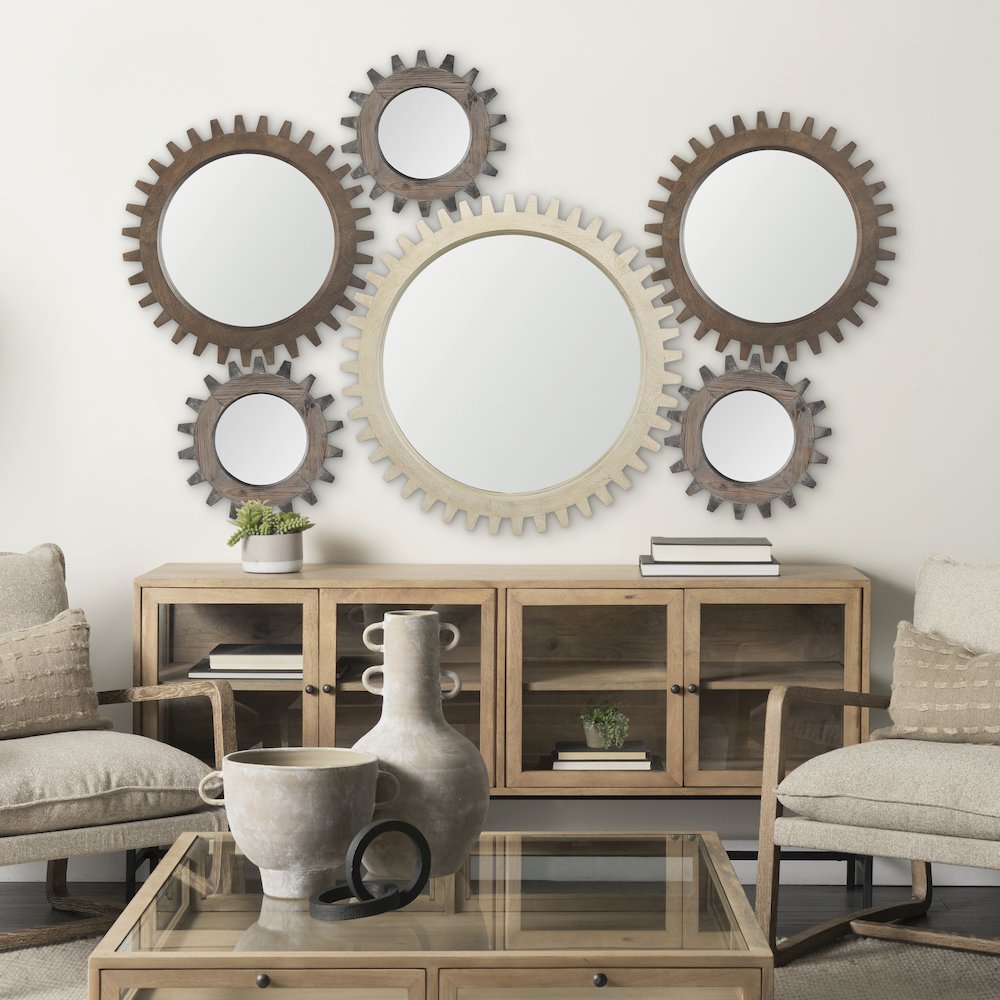 Cog Mirror 35" Round Natural Wood Frame Mirror. Picture 2
