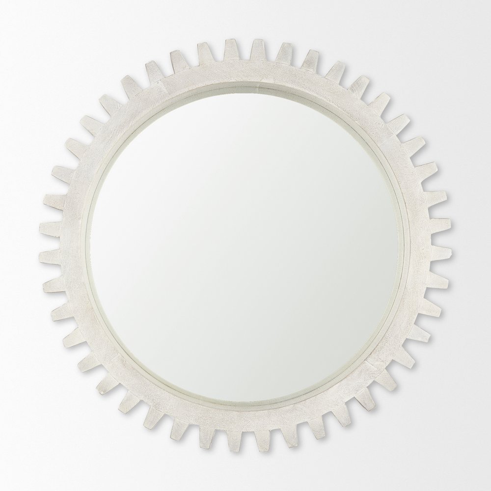 Sundance Cog 35.5" Round Whitewashed Wood Frame Mirror. Picture 3