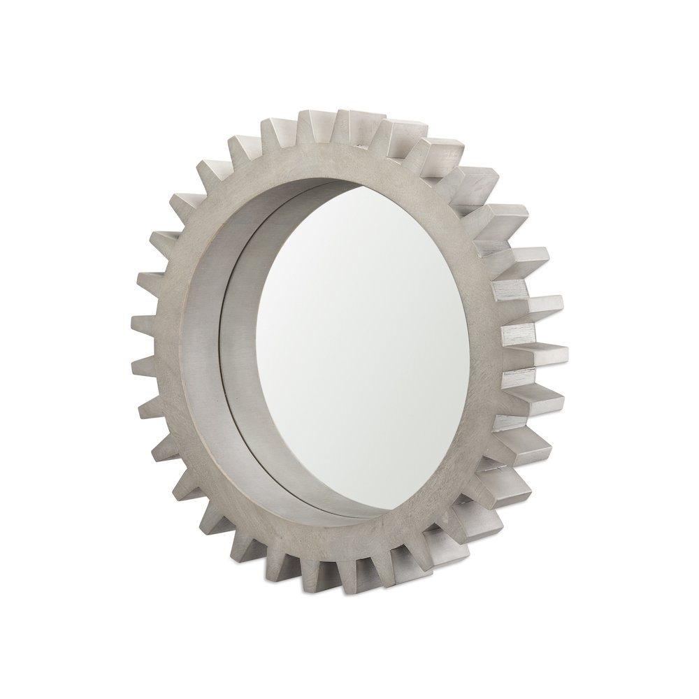 Sundance Cog 26" Round Grey Wood Frame Mirror. Picture 1
